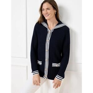 Talbot's Sailor Collar Cardigan Sweater Navy Blue Gold Buttons Knit Tipped XS